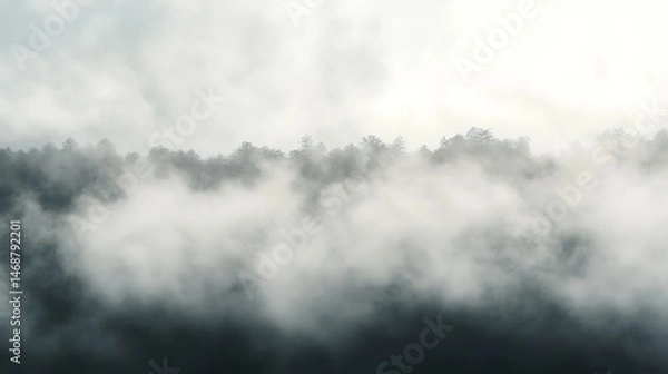 Fototapeta Misty landscape of a dense forest shrouded in clouds.