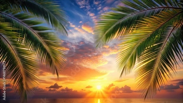 Fototapeta Palm tree leaves floating gently in the sky at sunset, serene, palm tree,  serene,palm tree, tropical