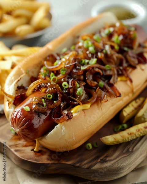 Obraz Gourmet hotdog topped with caramelized onions and green onions, served with fries, creating delicious meal experience