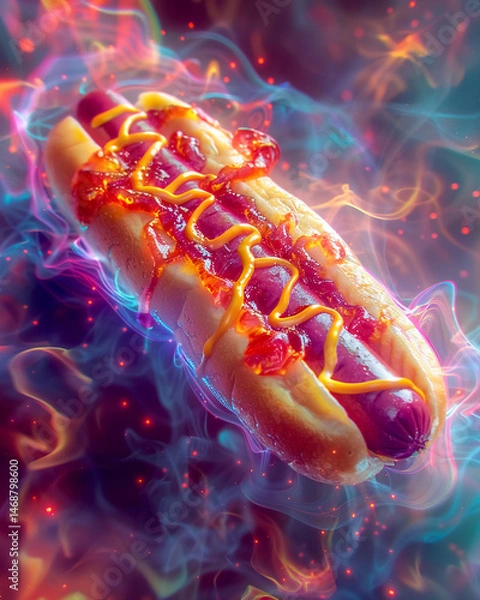 Obraz Vibrant holographic hotdog with ketchup and mustard, surrounded by colorful smoke, creates fun and whimsical atmosphere