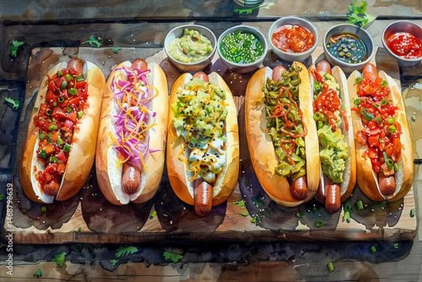 Obraz Delicious hotdog bar with variety of toppings including salsa, guacamole, and onions, perfect for gatherings