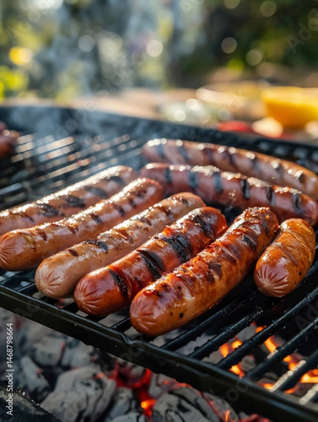 Obraz Grilled sausages sizzling on barbecue, surrounded by smoke and vibrant colors, create perfect cookout atmosphere