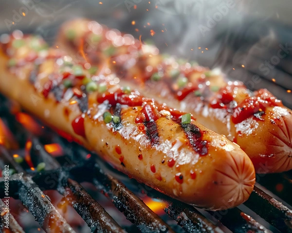 Obraz Grilled hotdogs with barbecue sauce and green onions create mouthwatering scene, perfect for summer gatherings