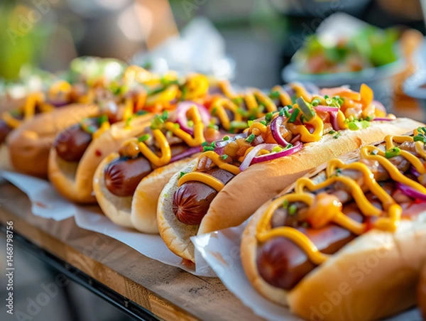 Fototapeta Delicious hotdogs lined up at tasting event, topped with mustard, onions, and relish, creating vibrant and appetizing display