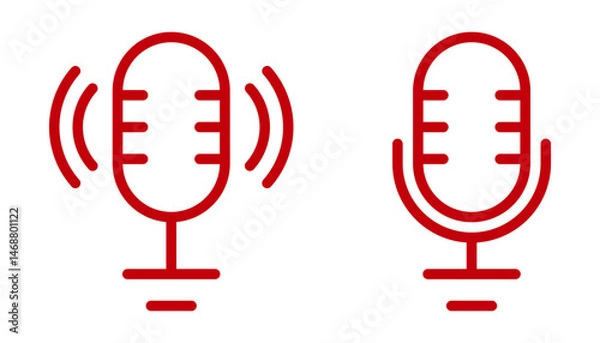 Obraz Red microphone line icons. Editable Stroke. Podcast, voice recording, audio input, mic on, off symbols. Minimal modern design for apps, web UI, media buttons, studio, streaming, broadcast