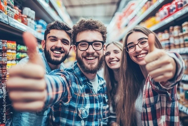 Fototapeta Four happy friends give thumbs up in a grocery store.