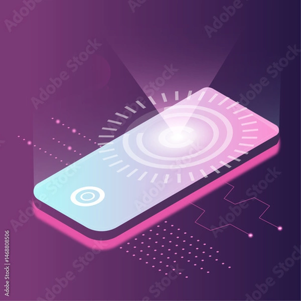 Fototapeta Isometric vector illustration of a smartphone with a glowing futuristic user interface. Ideal for tech, digital products, UX/UI design, and mobile innovations.