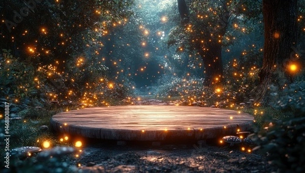 Fototapeta Enchanting forest glade, illuminated by bioluminescent insects.  A circular wooden platform sits amidst the mystical foliage, bathed in warm, ambient light