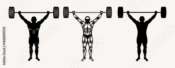 Obraz Powerlifter holds a barbell over his head. illustration in style engraving and silhouette. Isolated black print on white background