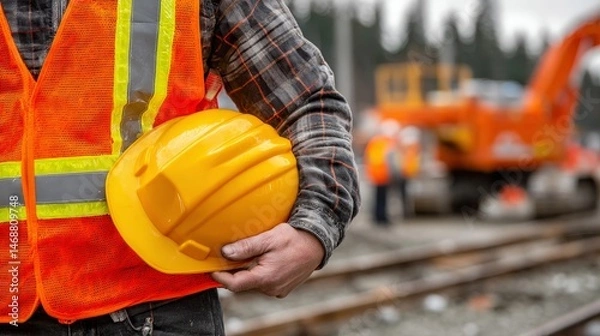Obraz Construction worker holding hard hat at worksite with excavator in background