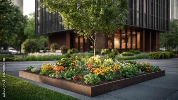Obraz Modern urban landscape with vibrant flower bed in a minimalist park next to a contemporary building with glass facade and lush green trees in the background