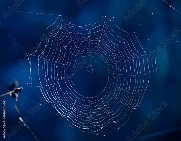 Obraz Dew Droplets On Spider Web At Night