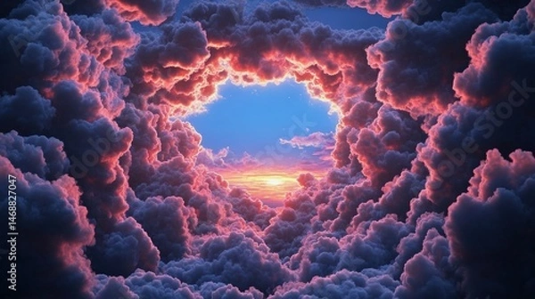 Fototapeta Beautiful vibrant sunset seen through a circular opening in colorful fluffy cloud formations, dramatic sky with warm glowing horizon at dusk