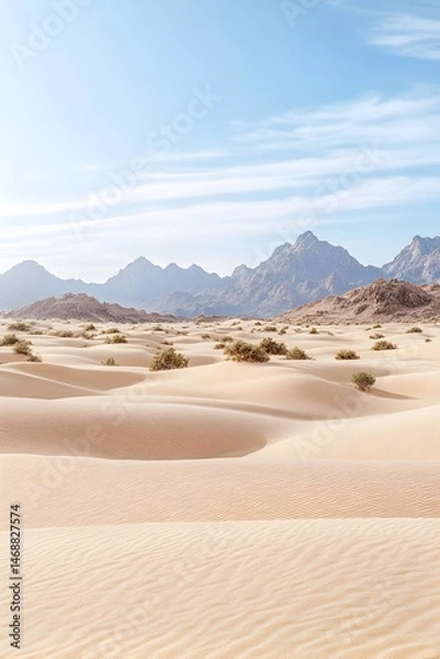 Obraz A vast expanse of sand dunes stretches out before a backdrop of distant mountains, under a clear blue sky