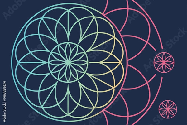 Fototapeta 121 intricate geometric flower, radial symmetry, colorful concentric circles, spiraling patterns, vibrant gradient colors, neon-like luminous effect, dark background, digital artwork, abstract fractal