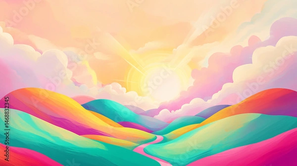 Fototapeta Vibrant sunrise over colorful rolling hills with fluffy clouds  