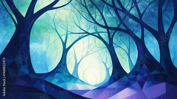 Fototapeta Abstract forest scene with trees in blue and green tones  