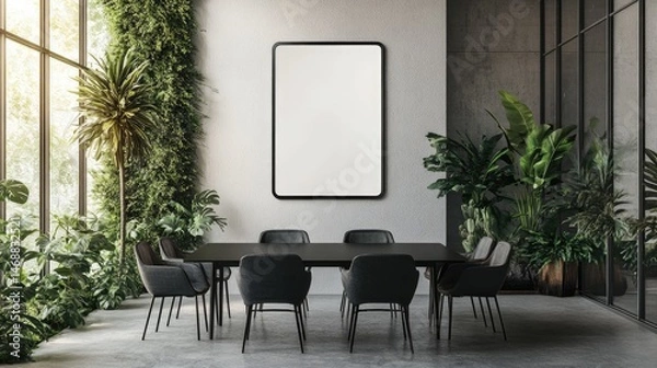 Fototapeta Modern dining area with a blank poster.