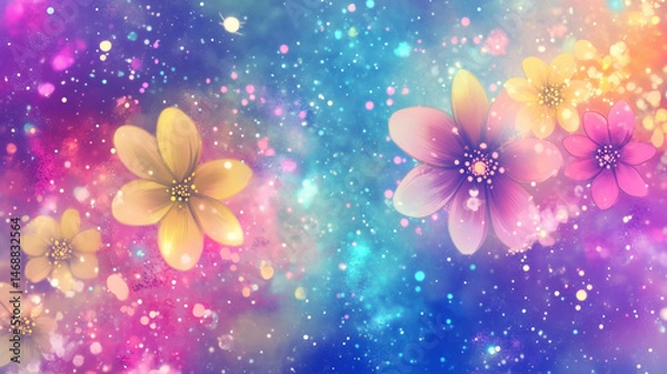 Fototapeta Colorful flowers on a cosmic background with sparkles  