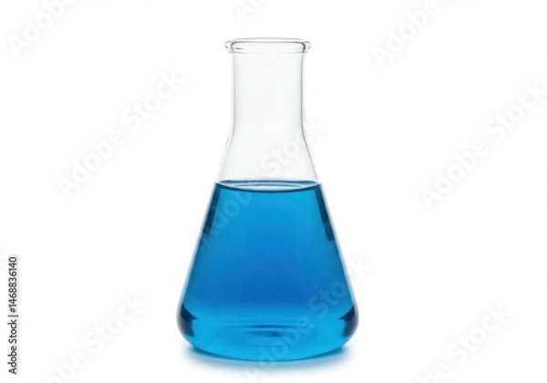 Fototapeta Laboratory Erlenmeyer Flask with Bright Blue Liquid Isolated on White Background