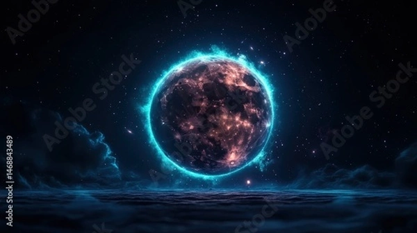 Fototapeta Stunning digital art of a glowing celestial moon with detailed surface features and vibrant blue halo illuminating a dark night sky with stars and clouds
