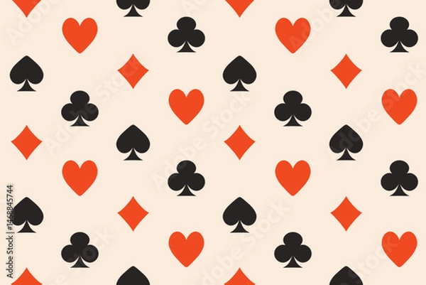 Fototapeta Seamless abstract simple pattern, background of playing card suits diagonally on light background, hand drawn illustration, flat style