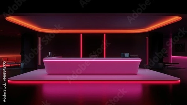 Fototapeta A modern reception area with vibrant pink and orange lighting