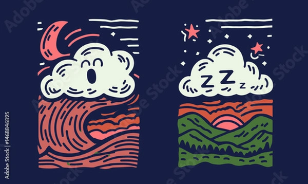 Obraz Colorful Hand-Drawn Doodles of Clouds and Nature Scenes