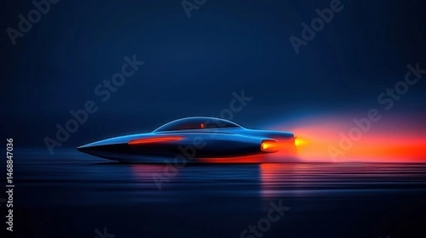 Fototapeta A futuristic vehicle with glowing lights traveling quickly across a surface