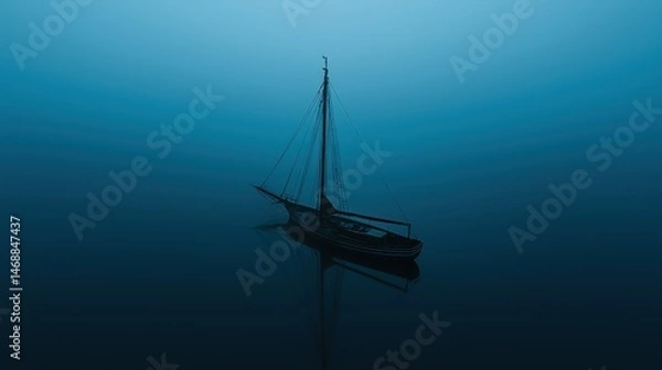 Fototapeta A solitary sailboat floats serenely on a calm and reflective ocean