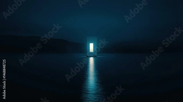 Fototapeta A glowing rectangular portal floats on a dark body of water