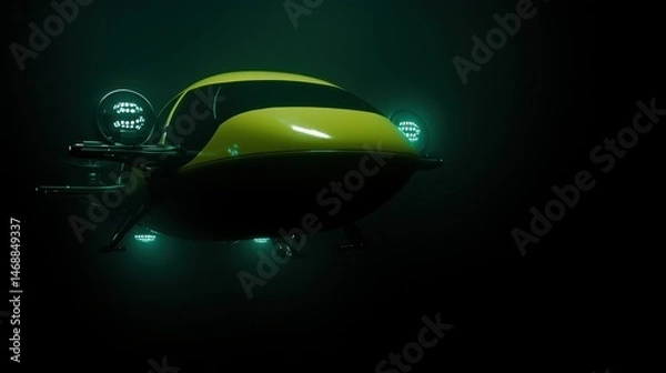 Fototapeta A futuristic yellow aircraft floating through a dark environment
