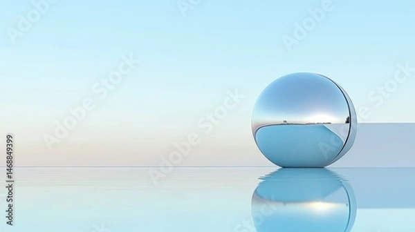 Fototapeta A reflective sphere stands above the water reflecting the scenery