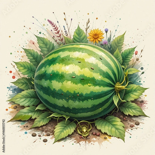 Obraz Watercolor watermelon. Illustration of a watermelon on a garden bed.
