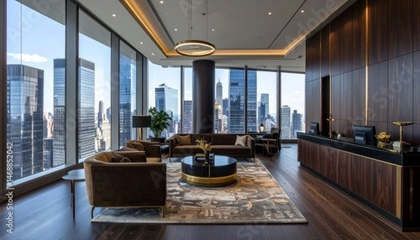 Fototapeta Luxurious business lounge with dark wood tones and brass accents
