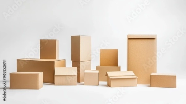 Fototapeta collection of. various cardboard boxes on white background illustration , no logos, no brands