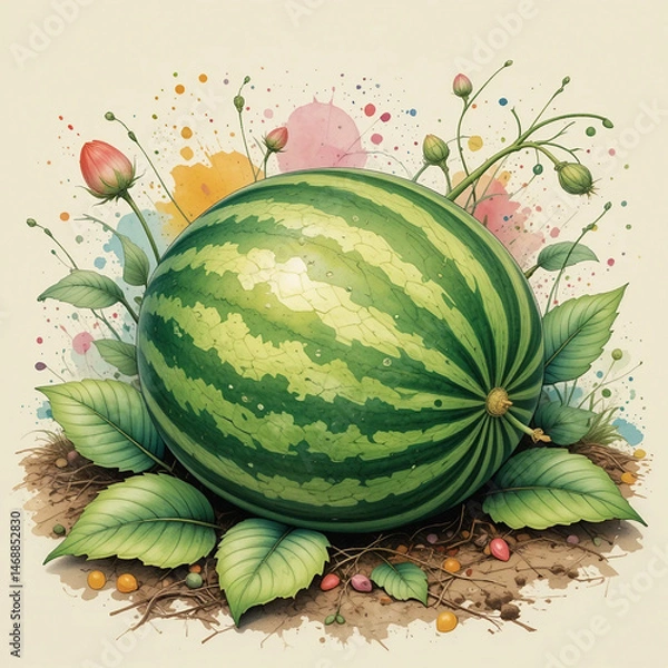 Obraz Watercolor watermelon. Illustration of a watermelon on a garden bed.