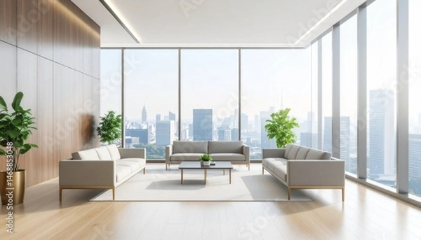 Fototapeta Luxurious business lounge with dark wood tones and brass accents
