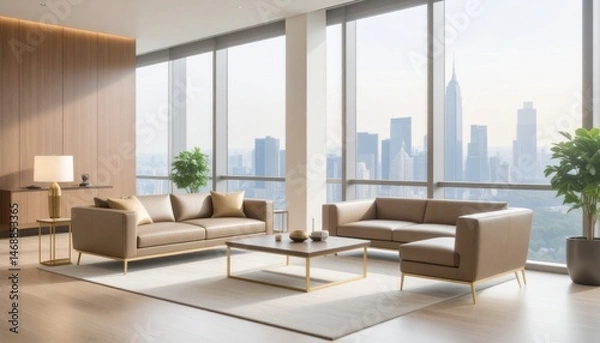 Fototapeta Luxurious business lounge with dark wood tones and brass accents