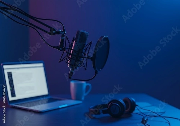 Fototapeta Set in a blue and purple ambiance, a condenser microphone stands ready for use next to a laptop displaying audio editing, accompanied by black headphones and a white mug in a recording studio context