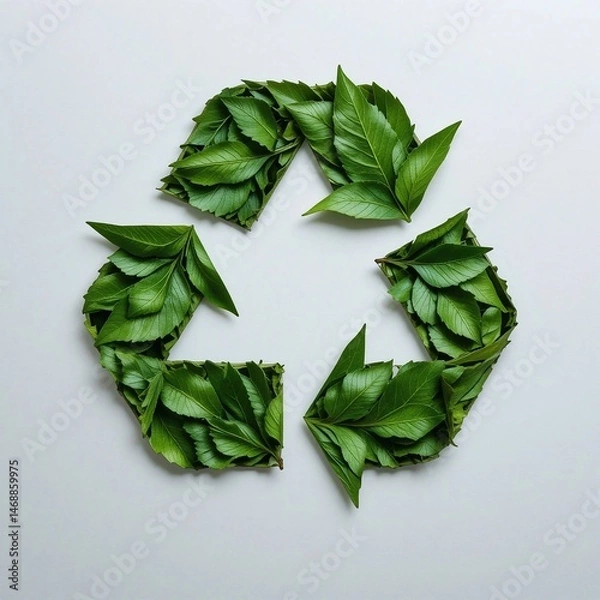 Fototapeta Green leaf recycling symbol: image shows a recycling sign formed from fresh green leaves on a light gray background, symbolizing ecological awareness, naturalness, and the organic aspect of recycling.