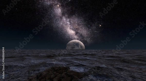 Fototapeta Lunar surface under Milky Way galaxy with distant celestial body, serene cosmic nightscape.