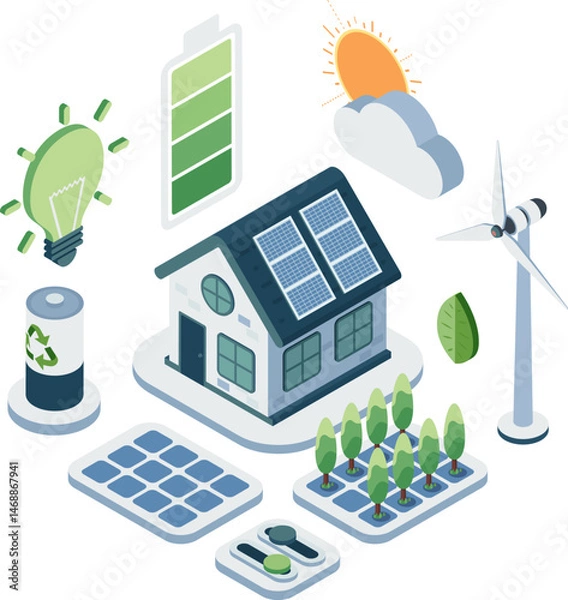 Fototapeta Isometric Energy Conservation Home with Sustainable technology