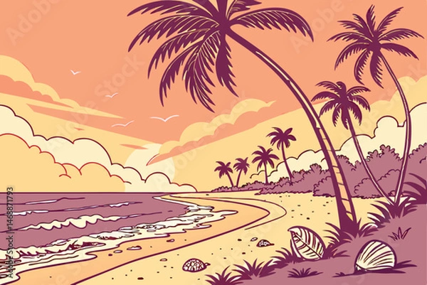Fototapeta 135 palm trees,tropical sunset,beach scene,seashells,sand,ocean,sunlight,colorful landscape