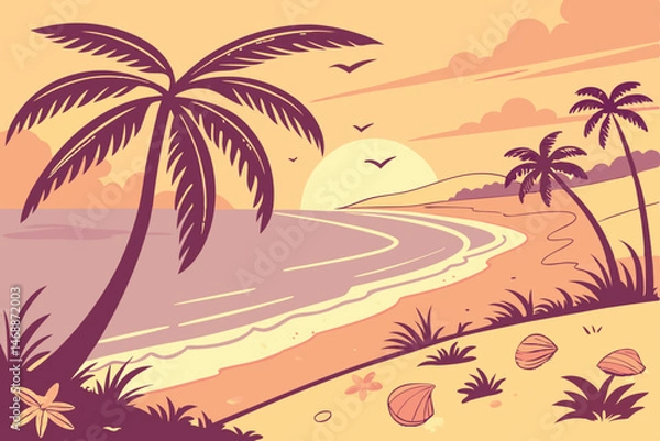 Fototapeta 135 palm trees,tropical sunset,beach scene,seashells,sand,ocean,sunlight,colorful landscape