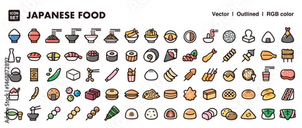 Obraz Japanese food illustration icon set.Simple vector outlines, clipart for graphic design.