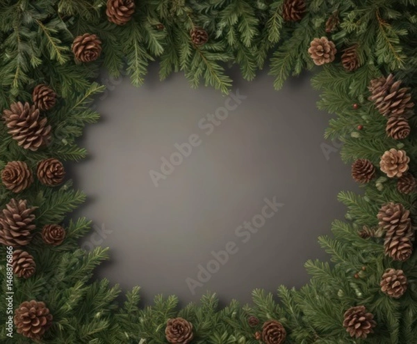 Fototapeta Lush fir branches & pine cones form a rustic Christmas border , festive, garland, conifer