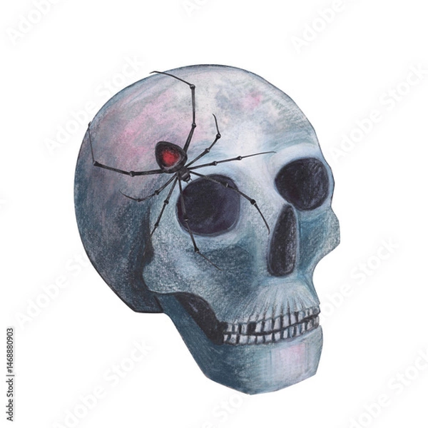 Obraz Scull with spider gothic magical texture isolated on white background. Watercolor hand drawn esoterics sketch skull illustration. Art for design mystical halloween witch decoration, scary card