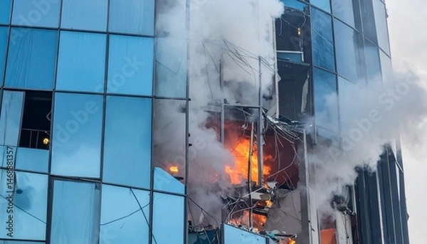 Obraz Crisis situation with glass commercial building exterior partially collapsed, with strong light and smoke coming from inside