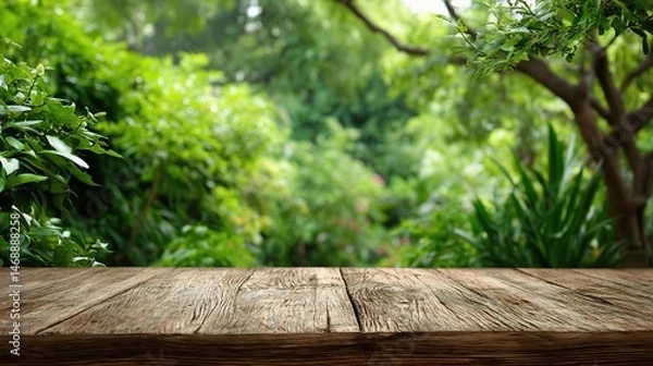 Fototapeta Wooden Table Surrounded by Lush Green Garden Scene in Foreground